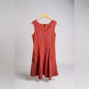 Inizio Coral Orange Linen Sleeveless Dress with Pockets Medium Lagenlook Artsy